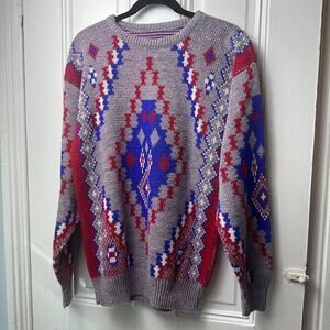 VTG Sweater Womens Geometric Knit Pullover Grandma Preppy Patriotic Fair Isle